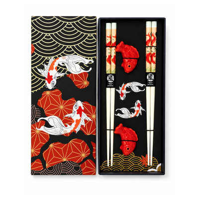 Coffret japonais baguettes Koi avec supports en céramique