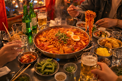 Rabokki authentique servi dans un grand poêlon — gâteaux de riz Tteok, nouilles Ramen et œufs durs dans une sauce gochujang épicée, entouré de banchan et de bière dans un Pojangmacha coréen