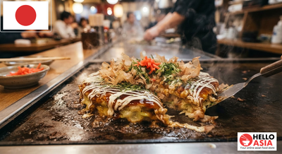 Okonomiyaki Japonais - crêpe japonaise garnie de sauce Okonomiyaki, mayonnaise, algues séchées et copeaux de bonite