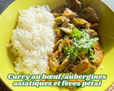 Curry au bœuf, aubergines asiatiques et fèves pétai