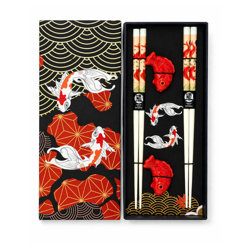 Coffret japonais baguettes Koi avec supports en céramique