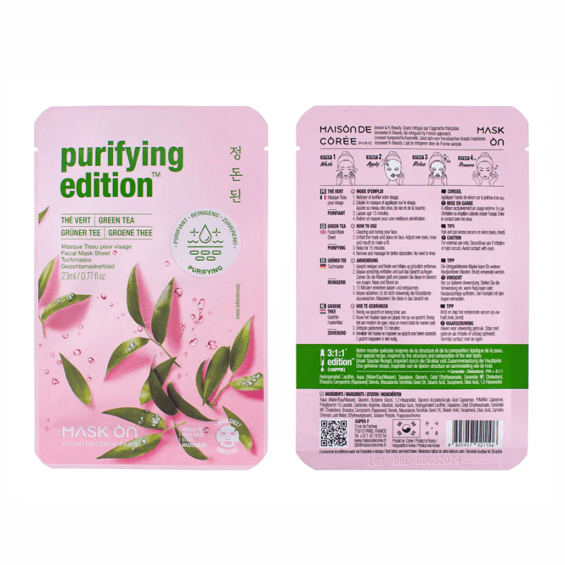 Masque en tissu pour le visage au thé vert – Masque purifiant - MASK ON - Hello Asia