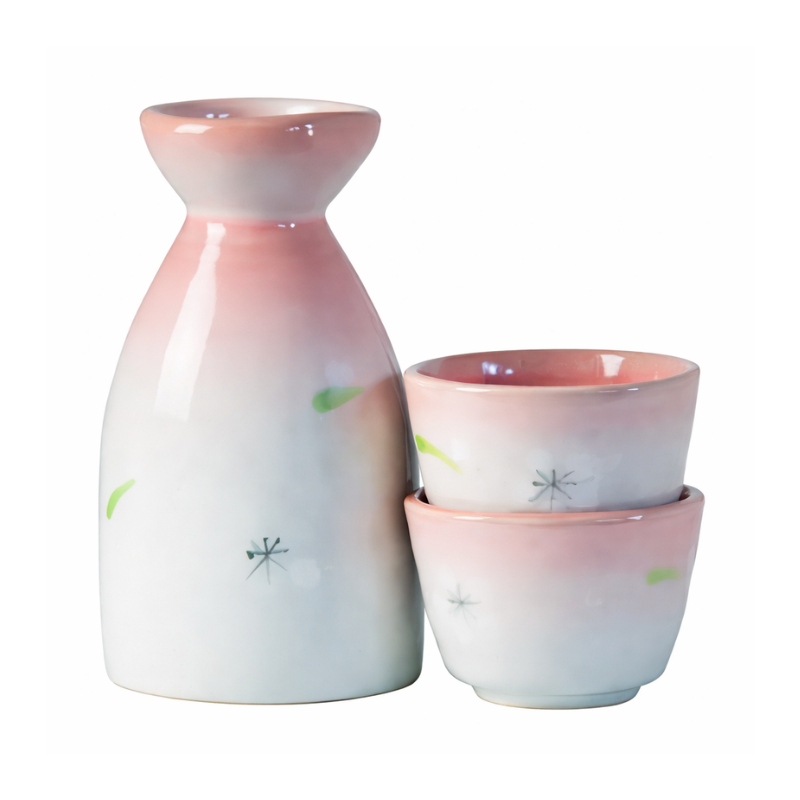 Service à saké en céramique rose - 1 carafe + 2 tasses - JADE TEMPLE