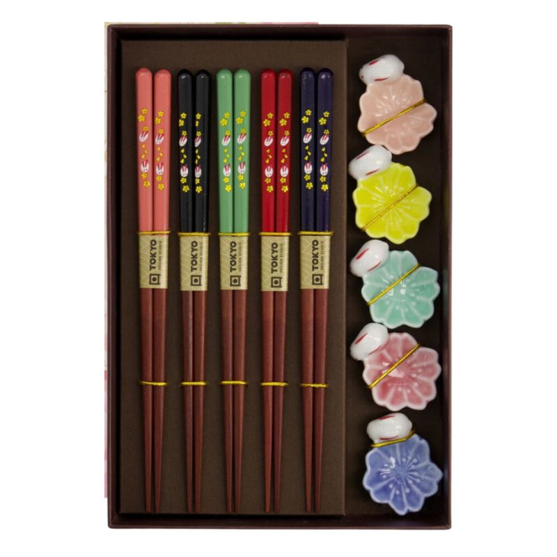 Wooden Chopsticks Set with Flower Shaped Ceramic Holder - JADE TEMPLE