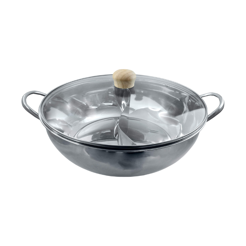 Wok hot pot en inox avec couvercle en verre - JADE TEMPLE 